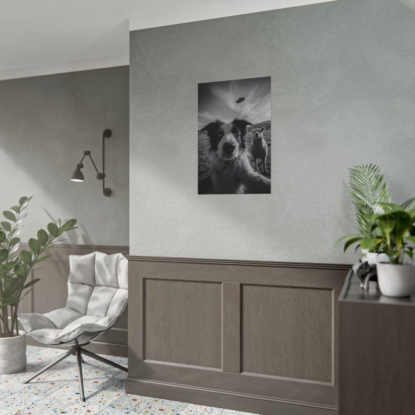 The Visitors Black and White Wall Art, Funny Dog and Sheep Print, Surreal Farm Poster, Whimsical Animal Wall Decor