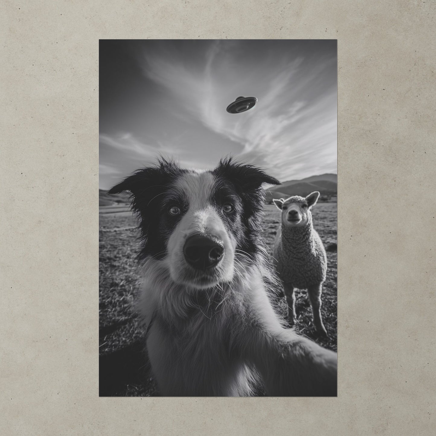 The Visitors Black and White Wall Art, Funny Dog and Sheep Print, Surreal Farm Poster, Whimsical Animal Wall Decor