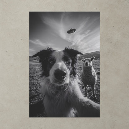 The Visitors Black and White Wall Art, Funny Dog and Sheep Print, Surreal Farm Poster, Whimsical Animal Wall Decor