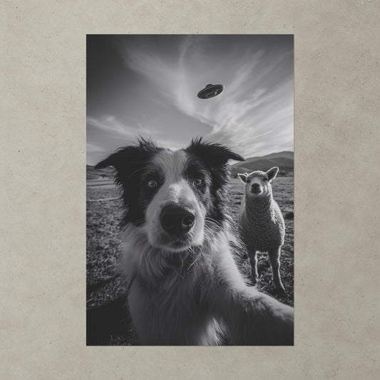 The Visitors Black and White Wall Art, Funny Dog and Sheep Print, Surreal Farm Poster, Whimsical Animal Wall Decor