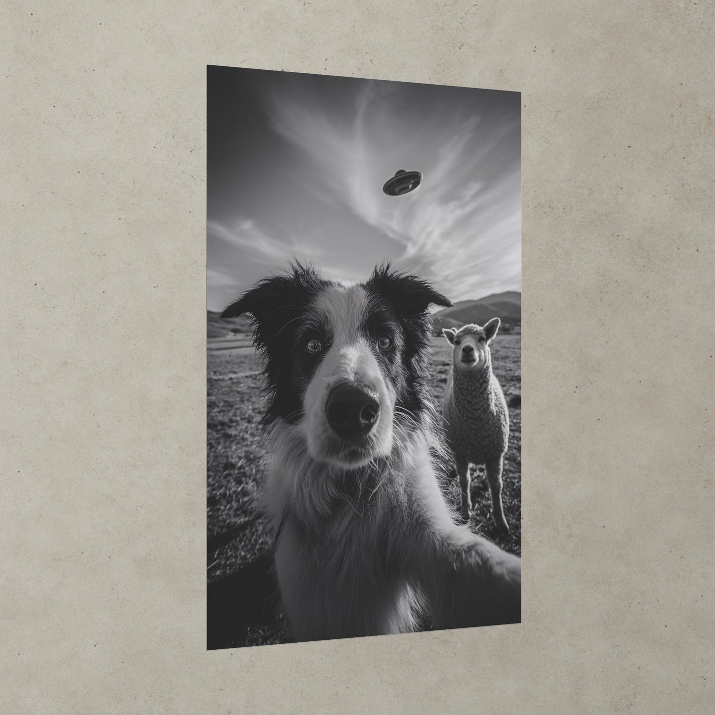The Visitors Black and White Wall Art, Funny Dog and Sheep Print, Surreal Farm Poster, Whimsical Animal Wall Decor