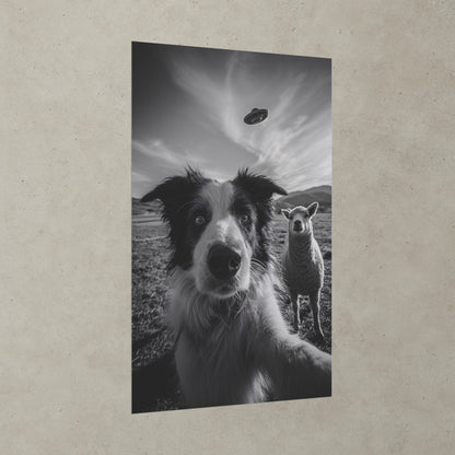 The Visitors Black and White Wall Art, Funny Dog and Sheep Print, Surreal Farm Poster, Whimsical Animal Wall Decor