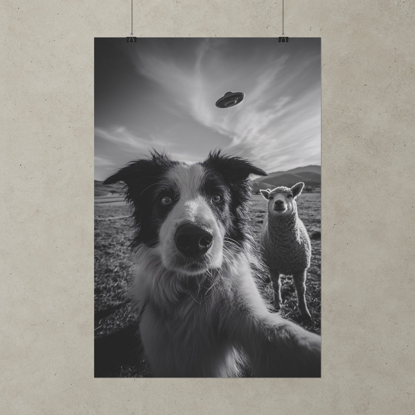 The Visitors Black and White Wall Art, Funny Dog and Sheep Print, Surreal Farm Poster, Whimsical Animal Wall Decor